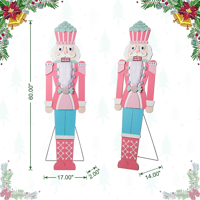 Glitzhome 60"H Christmas Wooden Pink Nutcracker Christmas Porch Sign