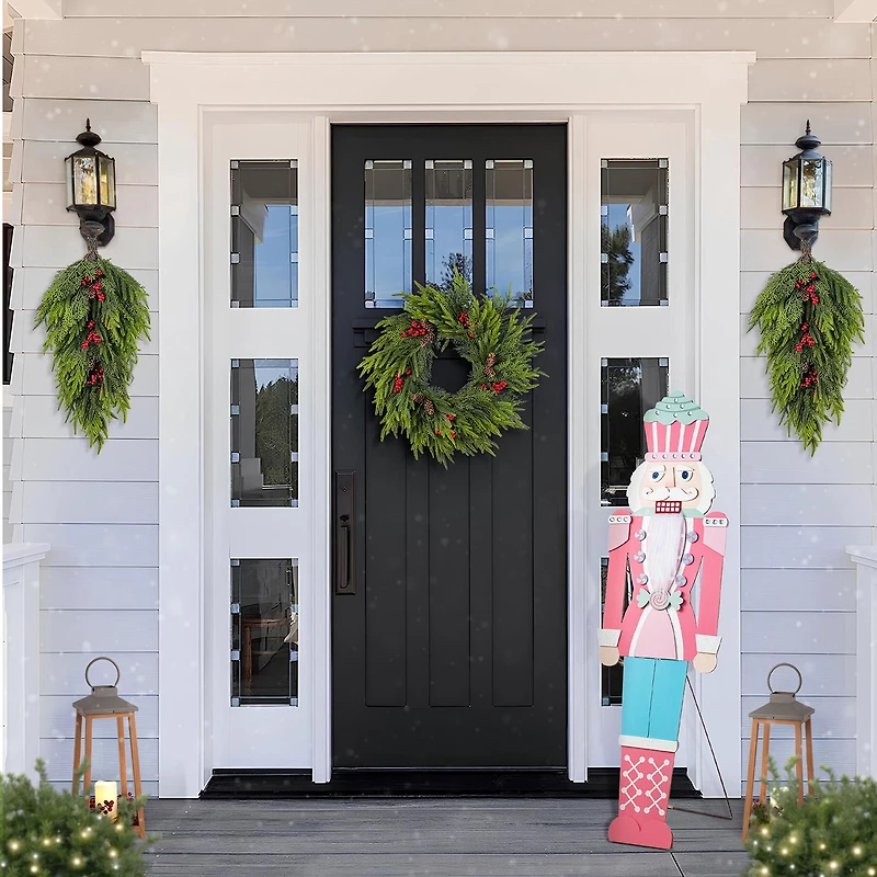 Glitzhome 60"H Christmas Wooden Pink Nutcracker Christmas Porch Sign