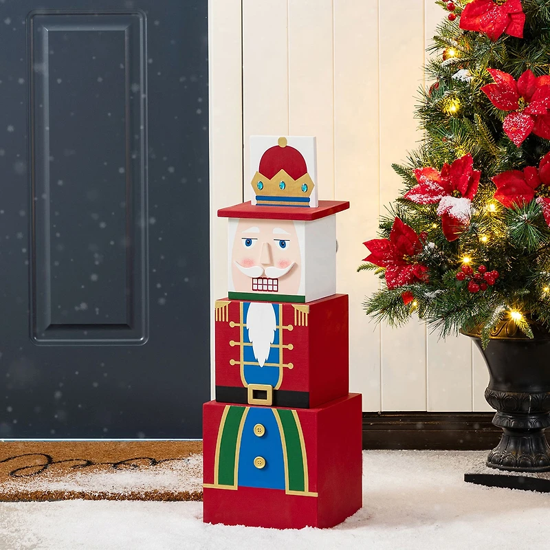 Glitzhome 25"H Christmas Santa And Nutcracker Wood Reversible Boxed Christmas Porch Sign