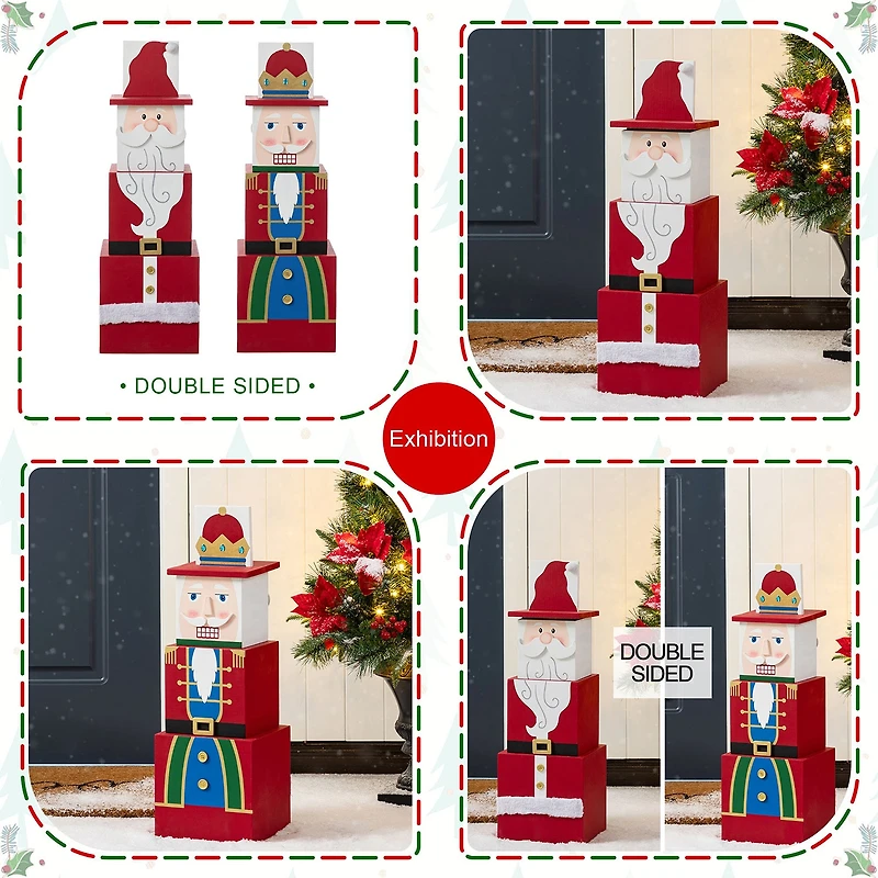 Glitzhome 25"H Christmas Santa And Nutcracker Wood Reversible Boxed Christmas Porch Sign