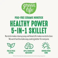 GreenLife 12" 5QT Square Electric Skillet, Glass Vented Lid, Ceramic PFAS-Free Nonstick Coated Interior, Adjustable Temperature Control, Cool Touch Handles, Quick Even Heating, Scratch Resistant