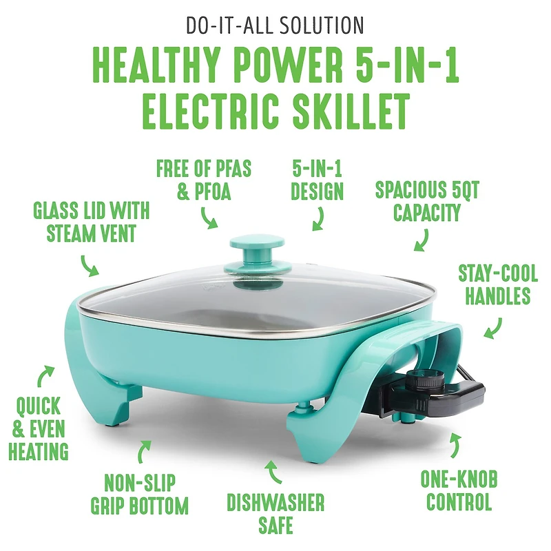 GreenLife 12" 5QT Square Electric Skillet, Glass Vented Lid, Ceramic PFAS-Free Nonstick Coated Interior, Adjustable Temperature Control, Cool Touch Handles, Quick Even Heating, Scratch Resistant