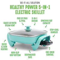 GreenLife 12" 5QT Square Electric Skillet, Glass Vented Lid, Ceramic PFAS-Free Nonstick Coated Interior, Adjustable Temperature Control, Cool Touch Handles, Quick Even Heating, Scratch Resistant