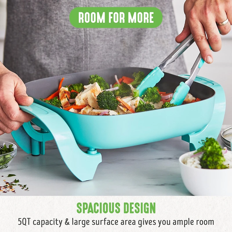 GreenLife 12" 5QT Square Electric Skillet, Glass Vented Lid, Ceramic PFAS-Free Nonstick Coated Interior, Adjustable Temperature Control, Cool Touch Handles, Quick Even Heating, Scratch Resistant