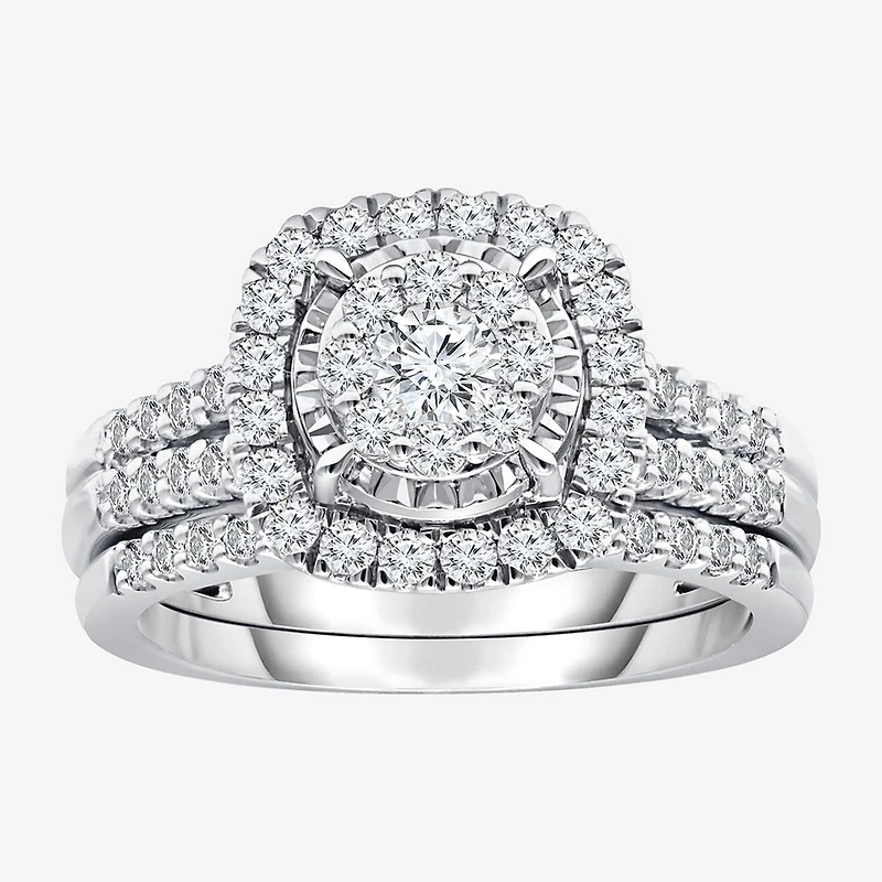 Womens 1 CT. T.W. Lab Grown White Diamond 10K or 14K Gold Cushion Side Stone Halo Bridal Set