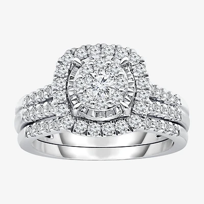 Womens 1 CT. T.W. Lab Grown White Diamond 10K or 14K Gold Cushion Side Stone Halo Bridal Set