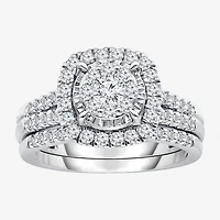Womens 1 CT. T.W. Lab Grown White Diamond 10K or 14K Gold Cushion Side Stone Halo Bridal Set