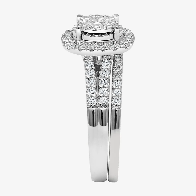 Womens 1 CT. T.W. Lab Grown White Diamond 10K or 14K Gold Cushion Side Stone Halo Bridal Set