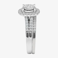 Womens 1 CT. T.W. Lab Grown White Diamond 10K or 14K Gold Cushion Side Stone Halo Bridal Set