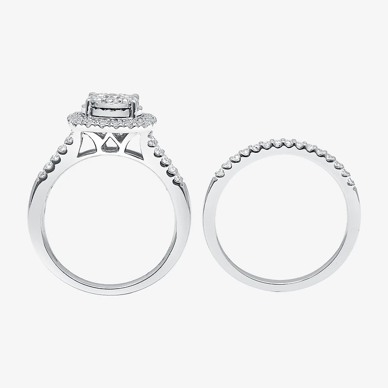 Womens 1 CT. T.W. Lab Grown White Diamond 10K or 14K Gold Cushion Side Stone Halo Bridal Set