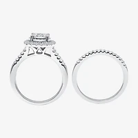 Womens 1 CT. T.W. Lab Grown White Diamond 10K or 14K Gold Cushion Side Stone Halo Bridal Set