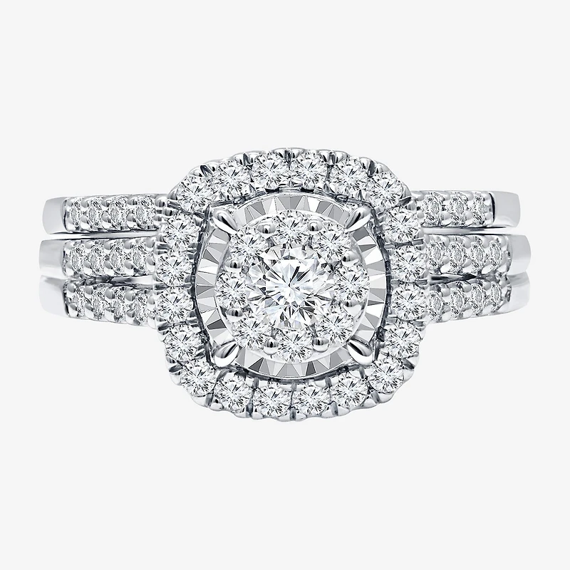 Womens 1 CT. T.W. Lab Grown White Diamond 10K or 14K Gold Cushion Side Stone Halo Bridal Set