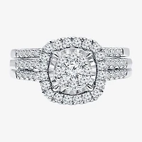 Womens 1 CT. T.W. Lab Grown White Diamond 10K or 14K Gold Cushion Side Stone Halo Bridal Set