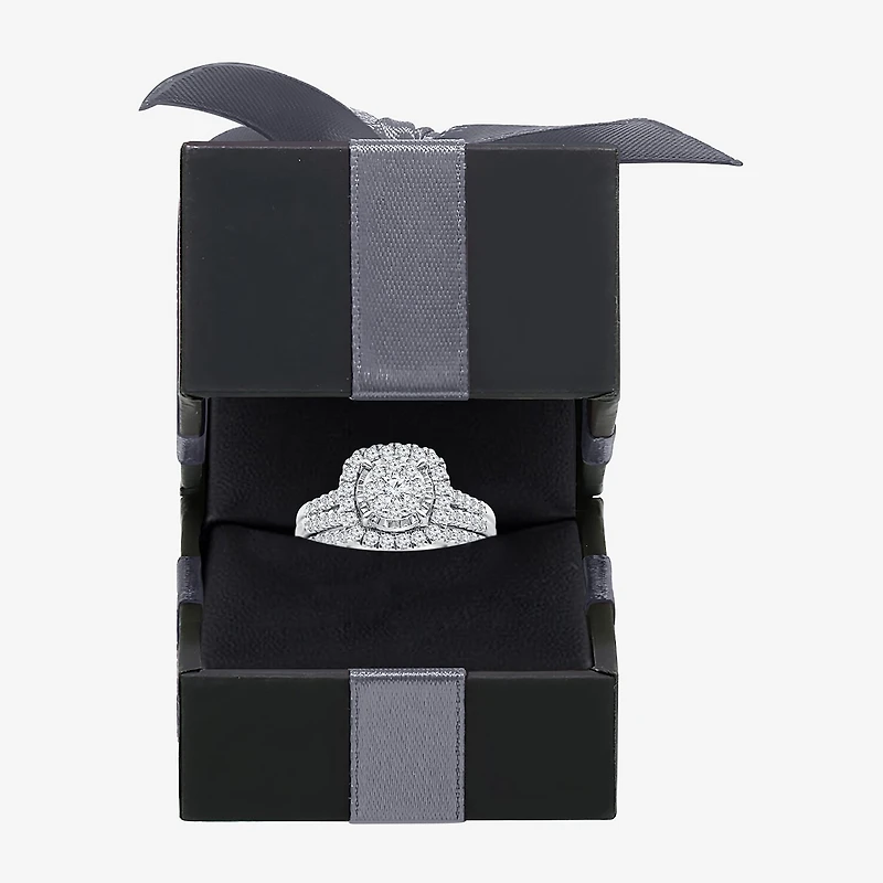 Womens 1 CT. T.W. Lab Grown White Diamond 10K or 14K Gold Cushion Side Stone Halo Bridal Set