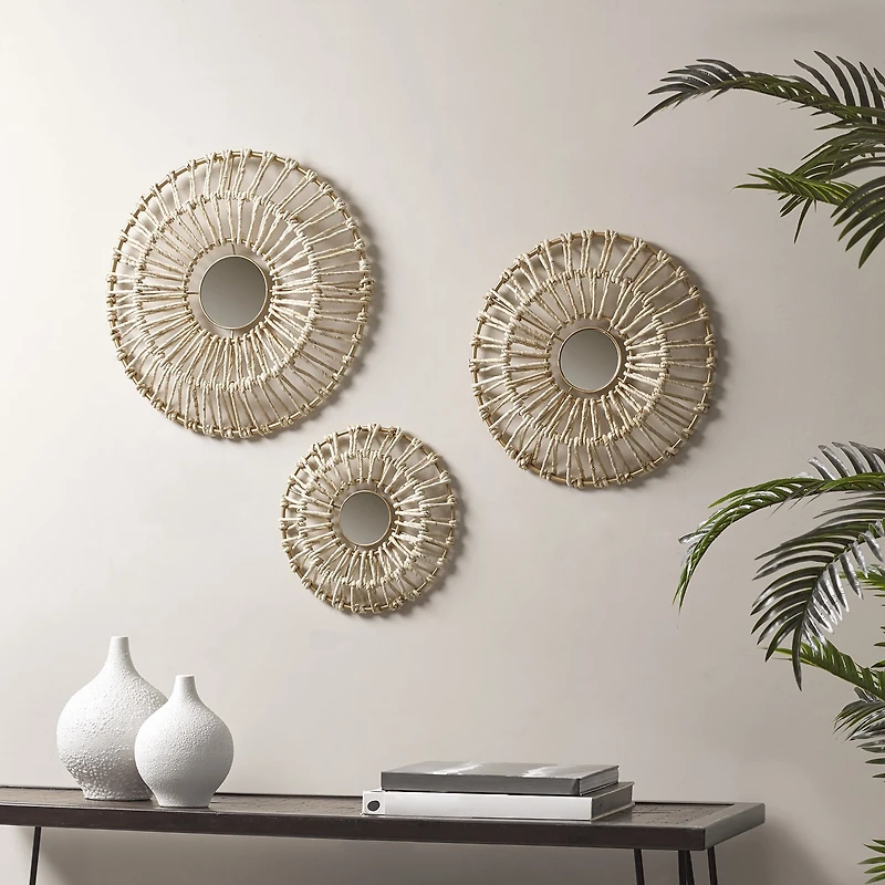 Madison Park Ella Round Natural Fiber And Mirror 3-pc. Wall Art Set