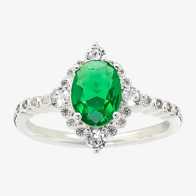 Sparkle Allure Womens Green Cubic Zirconia Pure Silver Over Brass Oval Halo Cocktail Ring