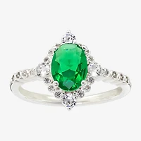 Sparkle Allure Womens Green Cubic Zirconia Pure Silver Over Brass Oval Halo Cocktail Ring