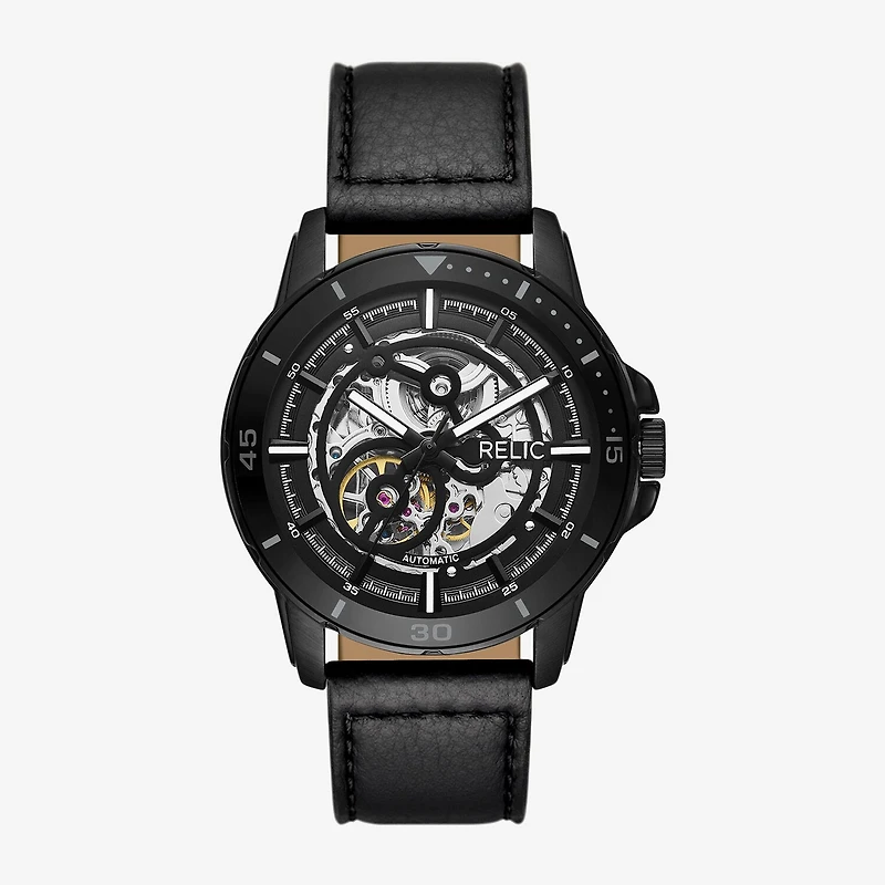 Relic By Fossil Mens Automatic Black Leather Strap Watch Zr16034