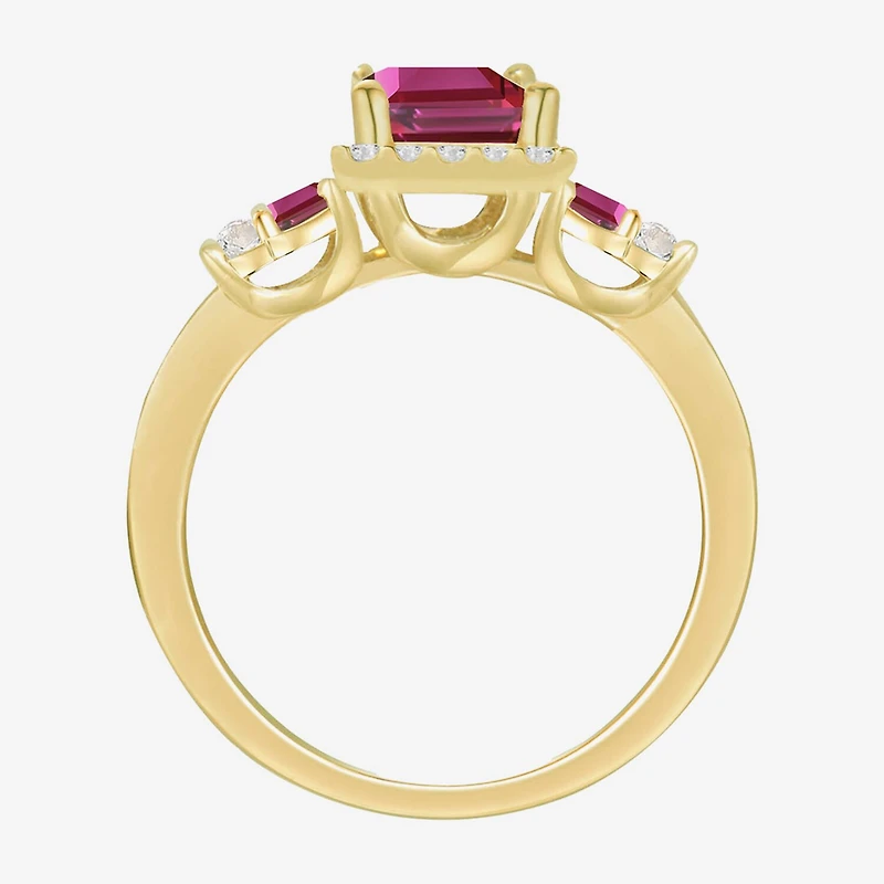 Womens Lab Created Red Ruby 14K Gold Over Silver Side Stone Cocktail Ring