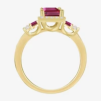 Womens Lab Created Red Ruby 14K Gold Over Silver Side Stone Cocktail Ring