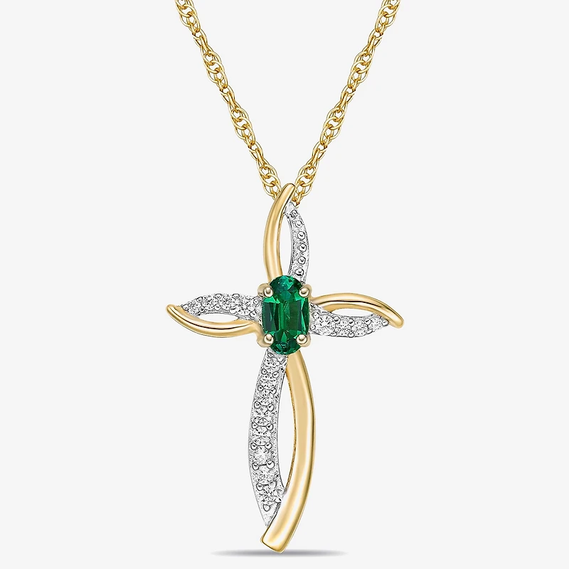 Womens 1/10 CT. T.W. Lab Created Green Emerald 10K Gold Cross 18 Inch Pendant Necklace