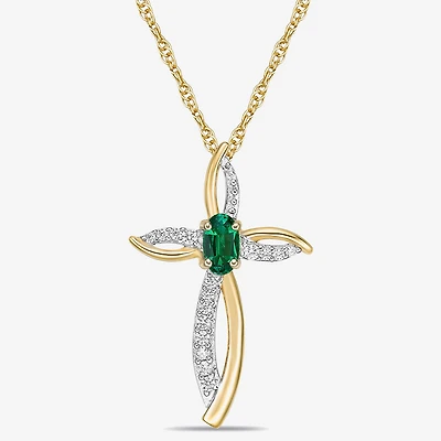 Womens 1/10 CT. T.W. Lab Created Green Emerald 10K Gold Cross 18 Inch Pendant Necklace