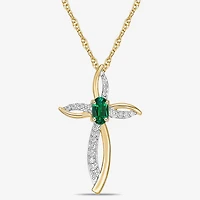 Womens 1/10 CT. T.W. Lab Created Green Emerald 10K Gold Cross 18 Inch Pendant Necklace
