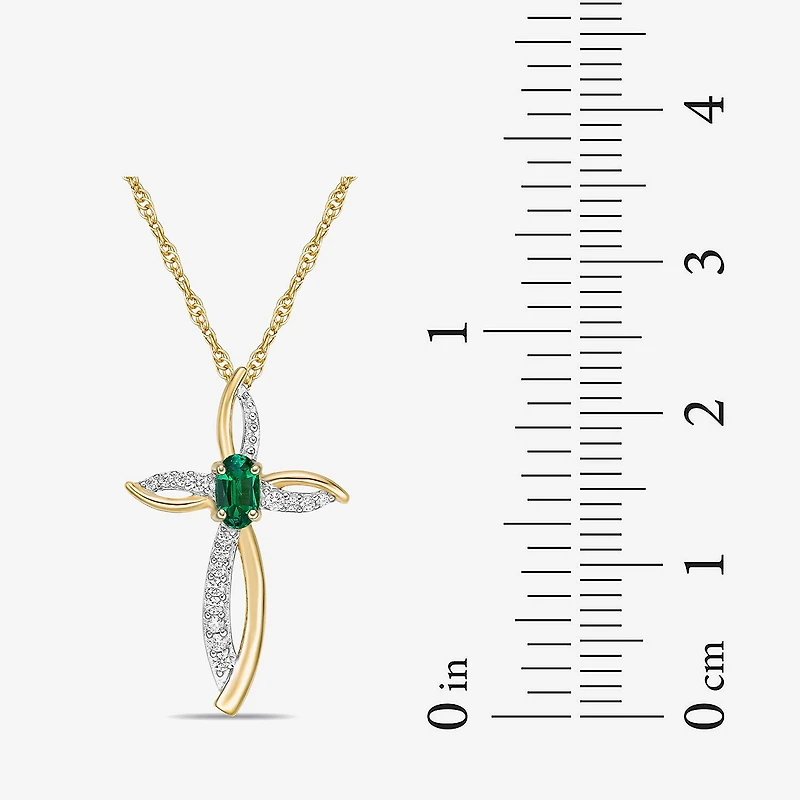 Womens 1/10 CT. T.W. Lab Created Green Emerald 10K Gold Cross 18 Inch Pendant Necklace
