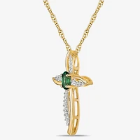 Womens 1/10 CT. T.W. Lab Created Green Emerald 10K Gold Cross 18 Inch Pendant Necklace