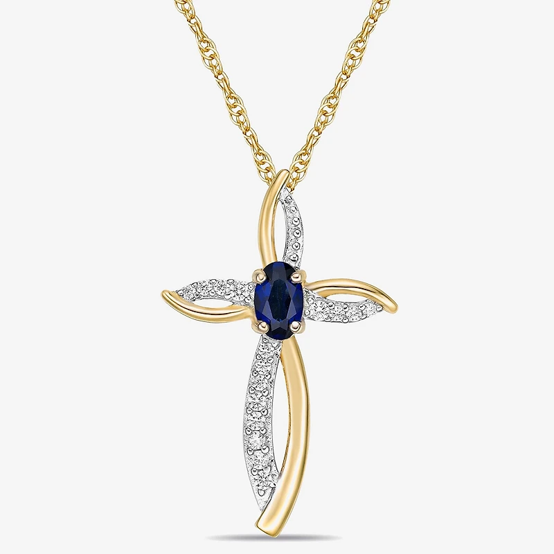 Womens 1/10 CT. T.W. Lab Created Blue Sapphire 10K Gold Cross 18 Inch Pendant Necklace