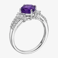 Womens Genuine Purple Amethyst Sterling Silver Cocktail Ring