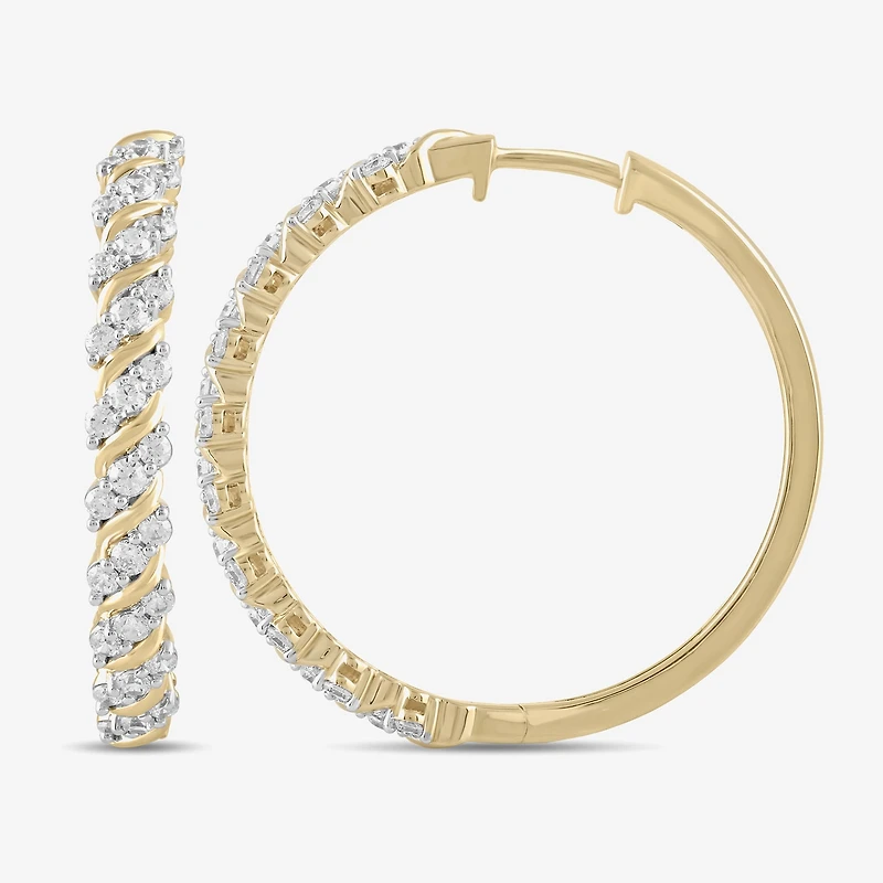 (H / I1-I2) Womens 1 CT. T.W. Lab Grown White Diamond 14K Gold Over Silver 28.2mm Hoop Earrings