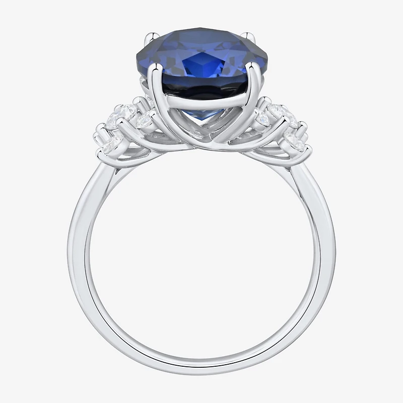 Womens Lab Created Sapphire Sterling Silver Oval Side Stone Cocktail Ring