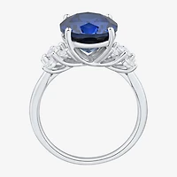 Womens Lab Created Sapphire Sterling Silver Oval Side Stone Cocktail Ring