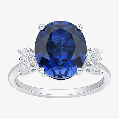 Womens Lab Created Sapphire Sterling Silver Oval Side Stone Cocktail Ring