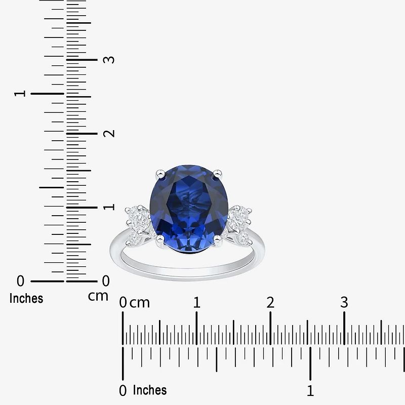 Womens Lab Created Sapphire Sterling Silver Oval Side Stone Cocktail Ring
