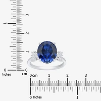 Womens Lab Created Sapphire Sterling Silver Oval Side Stone Cocktail Ring