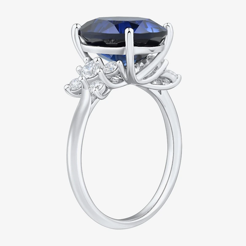 Womens Lab Created Sapphire Sterling Silver Oval Side Stone Cocktail Ring