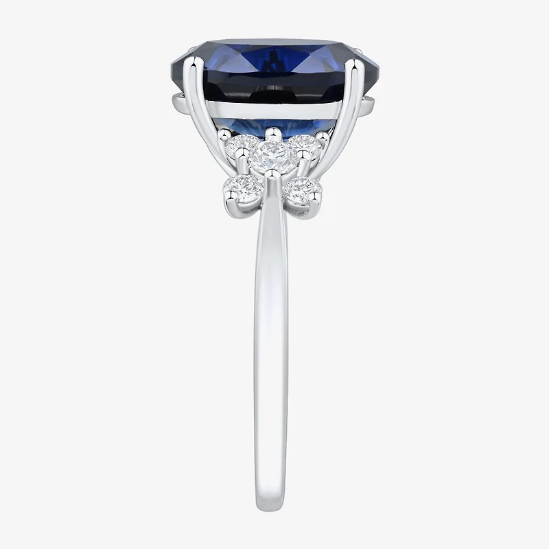 Womens Lab Created Sapphire Sterling Silver Oval Side Stone Cocktail Ring