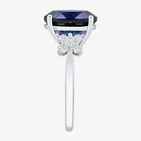 Womens Lab Created Sapphire Sterling Silver Oval Side Stone Cocktail Ring