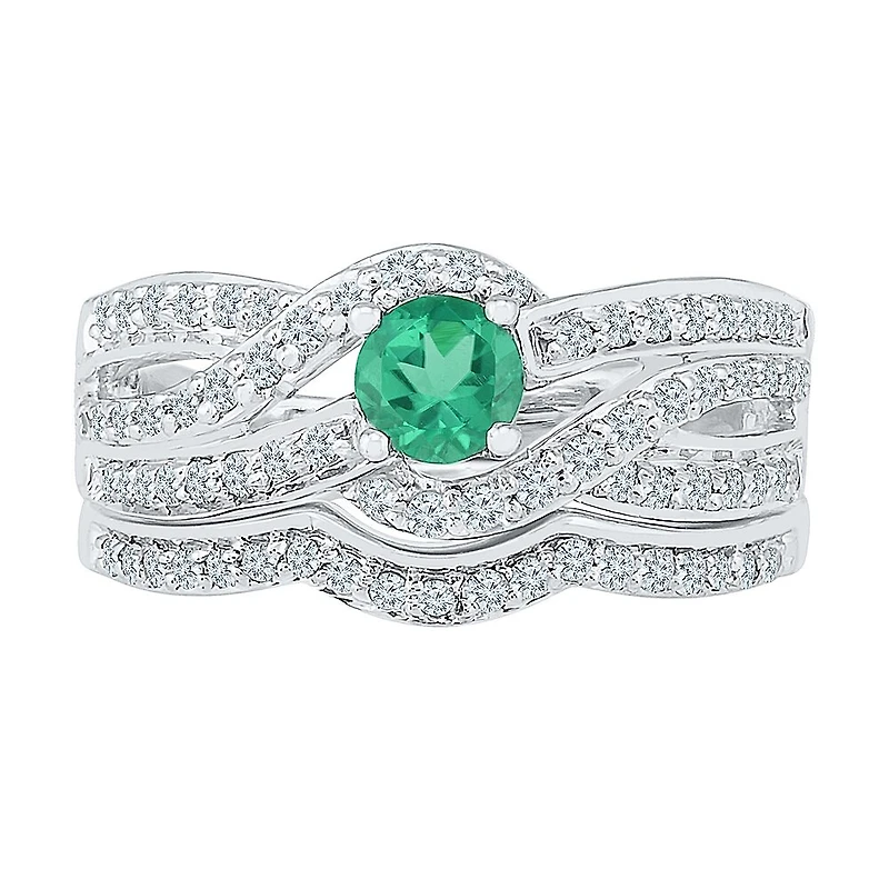 Modern Bride Gemstone Lab Created Emerald & Sapphire Sterling Silver Bridal Set