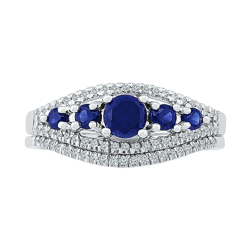 Modern Bride Gemstone Lab Created Sapphire & 1/4 CT. T.W. Diamond Sterling Silver Bridal Set