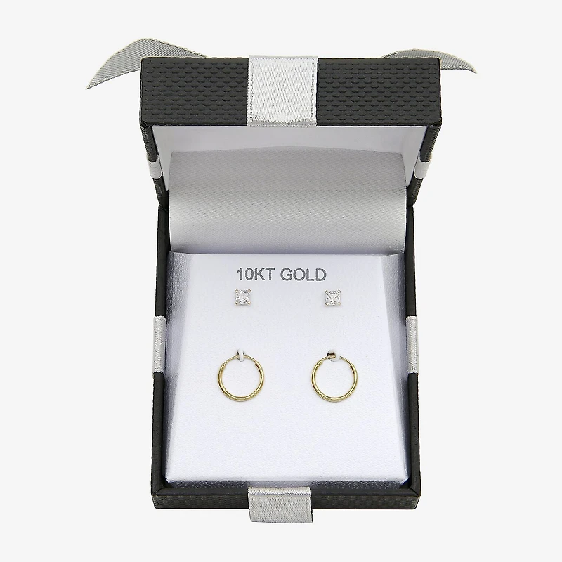 Womens Cubic Zirconia 10K Gold 2 Pair Earring Set