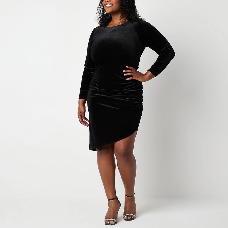 Premier Amour Velvet Womens Plus Crew Neck Long Sleeve Sheath Dress
