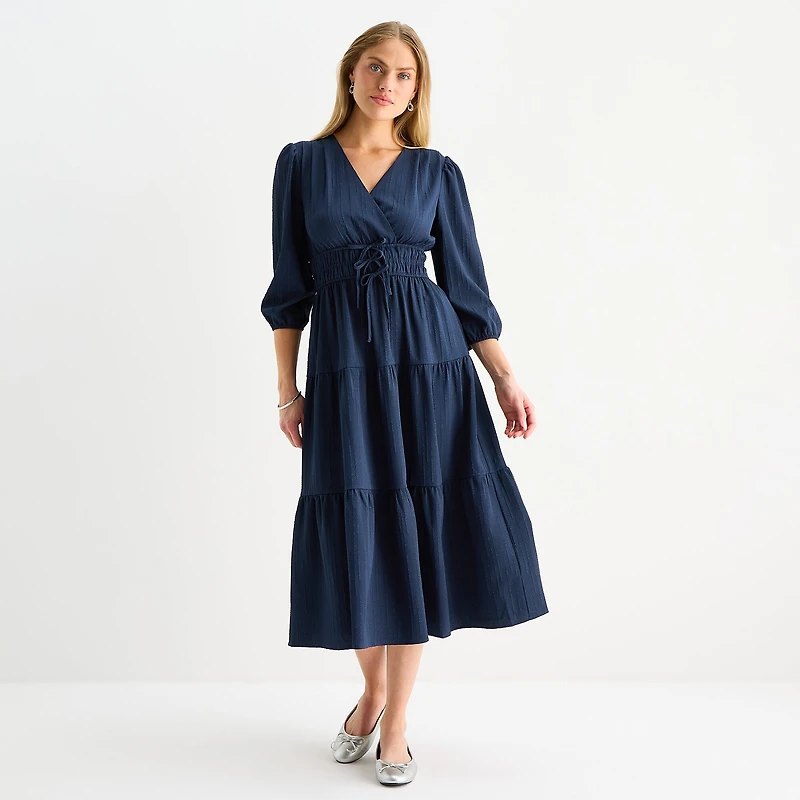Be by CHETTA B Womens Midi V Neck 3/4 Sleeve Balloon Fit + Flare Dress