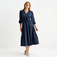 Be by CHETTA B Womens Midi V Neck 3/4 Sleeve Balloon Fit + Flare Dress