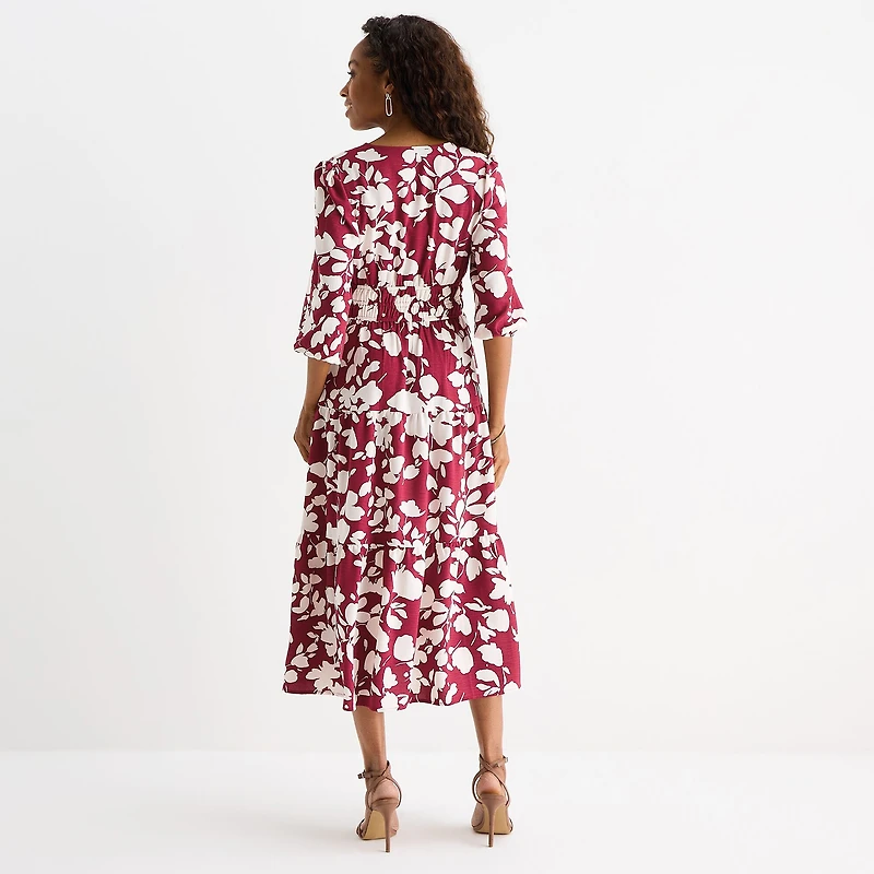 Be by CHETTA B Womens Midi V Neck 3/4 Sleeve Balloon Floral Fit + Flare Dress