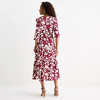 Be by CHETTA B Womens Midi V Neck 3/4 Sleeve Balloon Floral Fit + Flare Dress