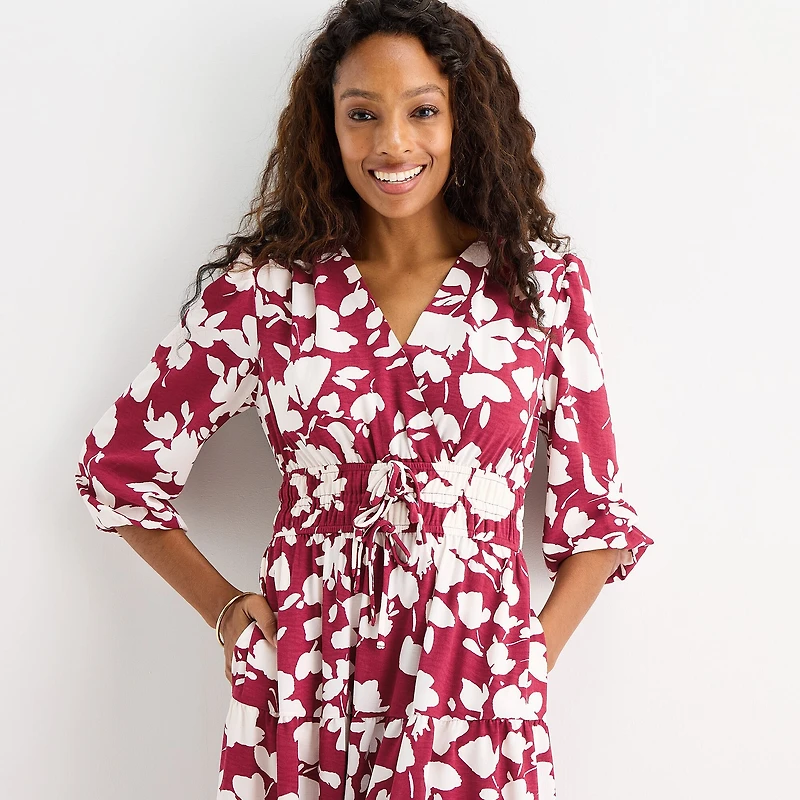 Be by CHETTA B Womens Midi V Neck 3/4 Sleeve Balloon Floral Fit + Flare Dress