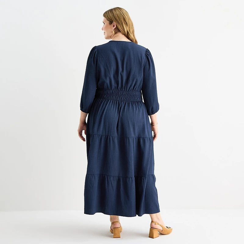 Be by CHETTA B Womens Plus Midi V Neck 3/4 Sleeve Balloon Fit + Flare Dress